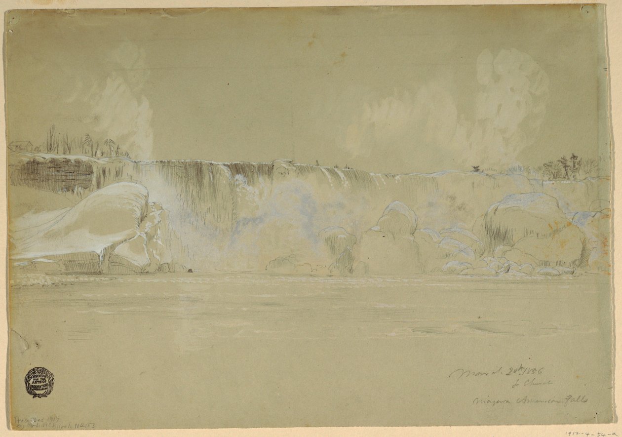 Desenho, Cataratas do Niágara na neve, a partir do noroeste, 20 de março de 1856 de Frederic Edwin Church