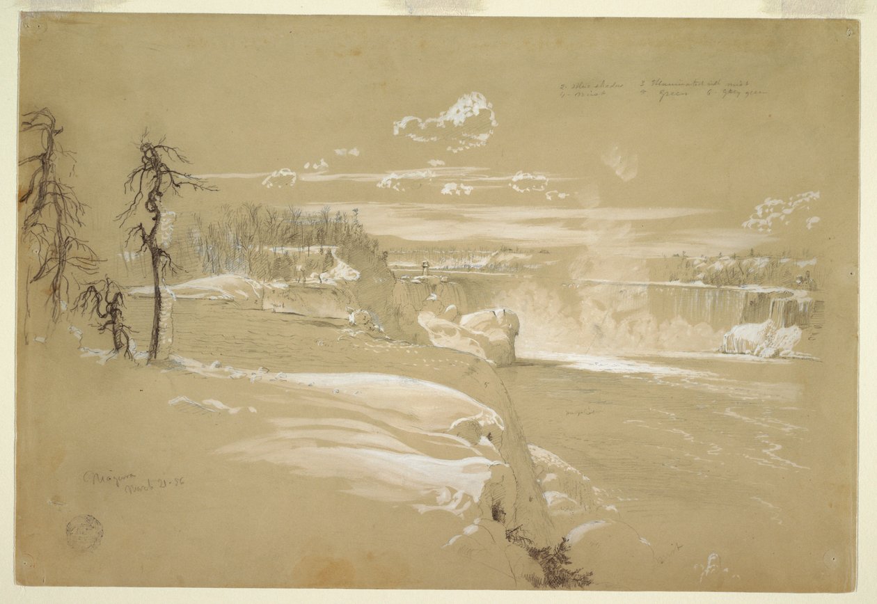 Desenho, Cataratas do Niágara no inverno, 21 de março de 1856 de Frederic Edwin Church