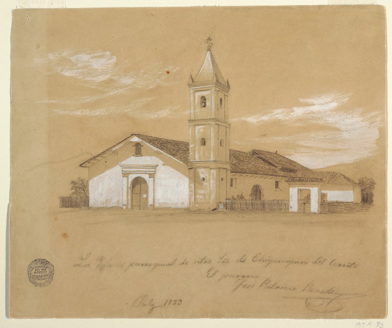 Desenho, Igreja Paroquial de Nossa Senhora de Chiquinquira del Cerrito, Chiquinquira, Colômbia, julho de 1853 de Frederic Edwin Church