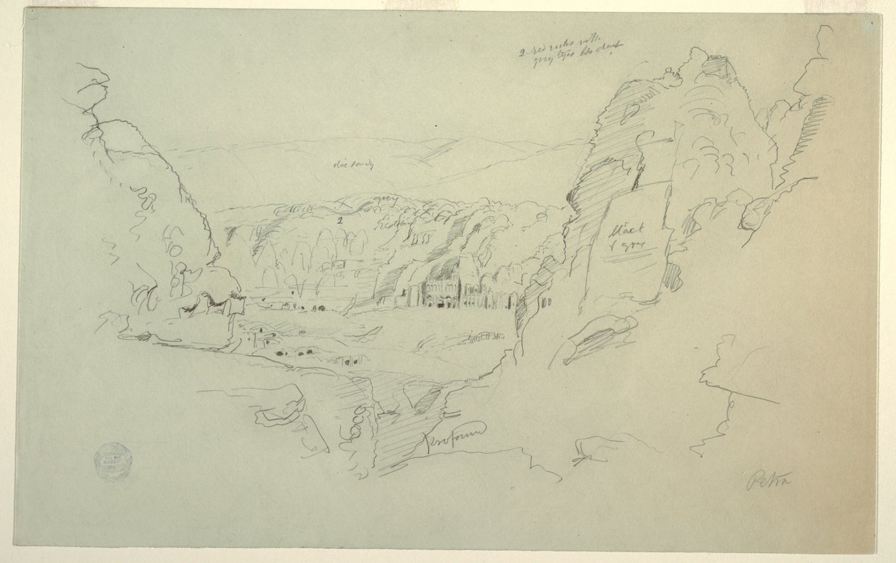 Desenho, Petra, Jordânia a partir do Oeste, mostrando o Palácio e os Túmulos de Corinto, 26 de fevereiro de 1868 de Frederic Edwin Church