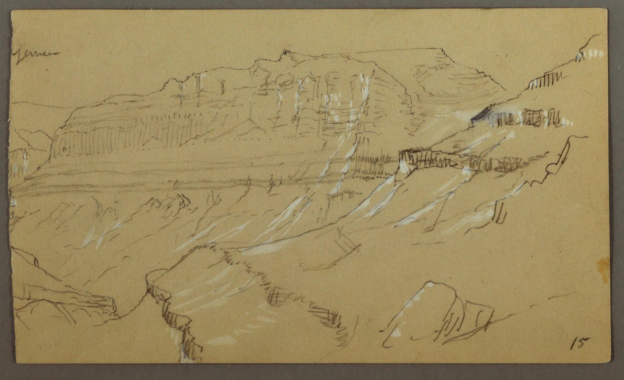 Desenho, parte direita de um esboço do vale do Iémen, Arábia: Vista distante, 20 de fevereiro de 1868 de Frederic Edwin Church