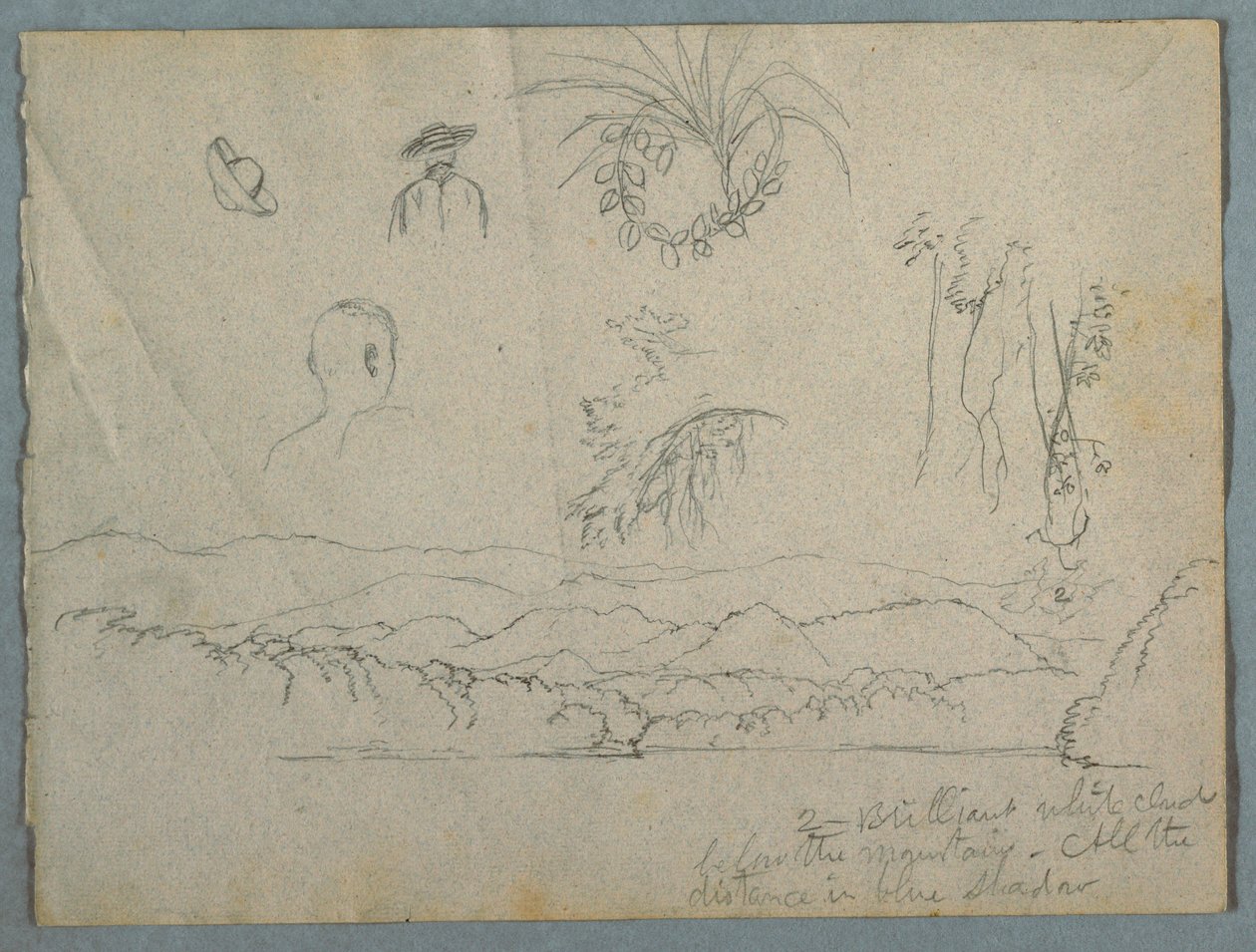 Desenho, margem de rio com montanhas e nuvens, três esboços botânicos e estudos de bustos de homens com chapéus, 1853 de Frederic Edwin Church