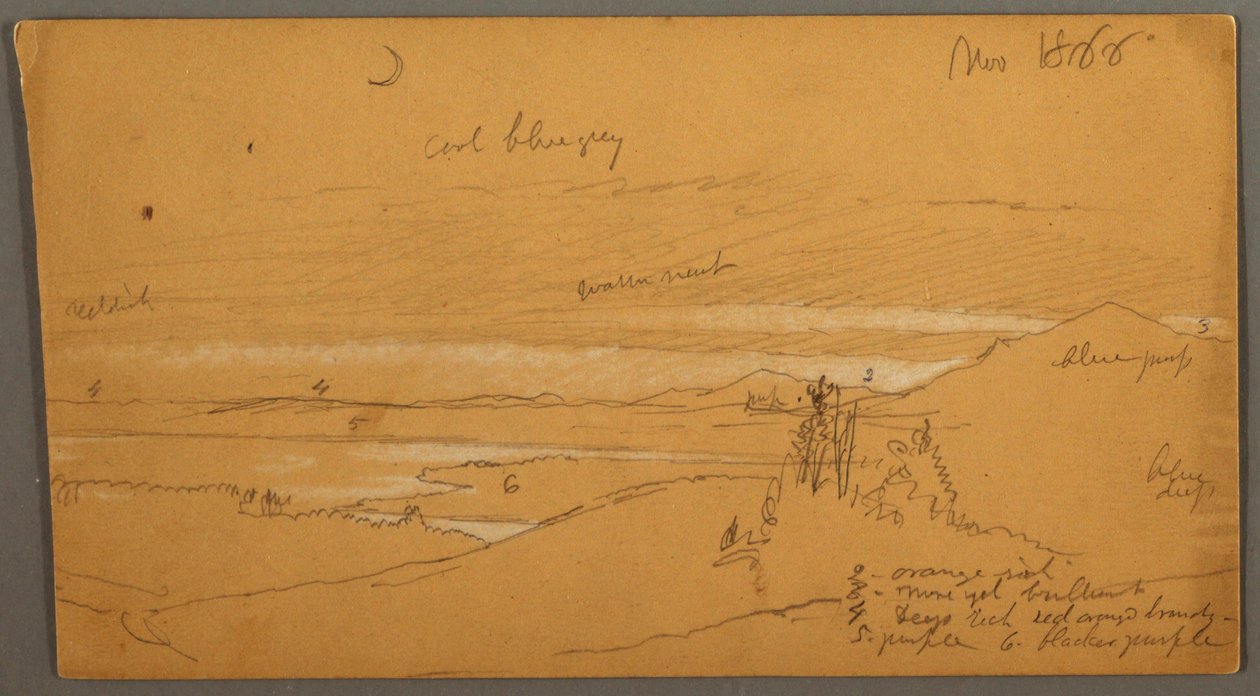 Desenho, Rio através do vale da montanha com céu e lua crescente, novembro de 1866 de Frederic Edwin Church