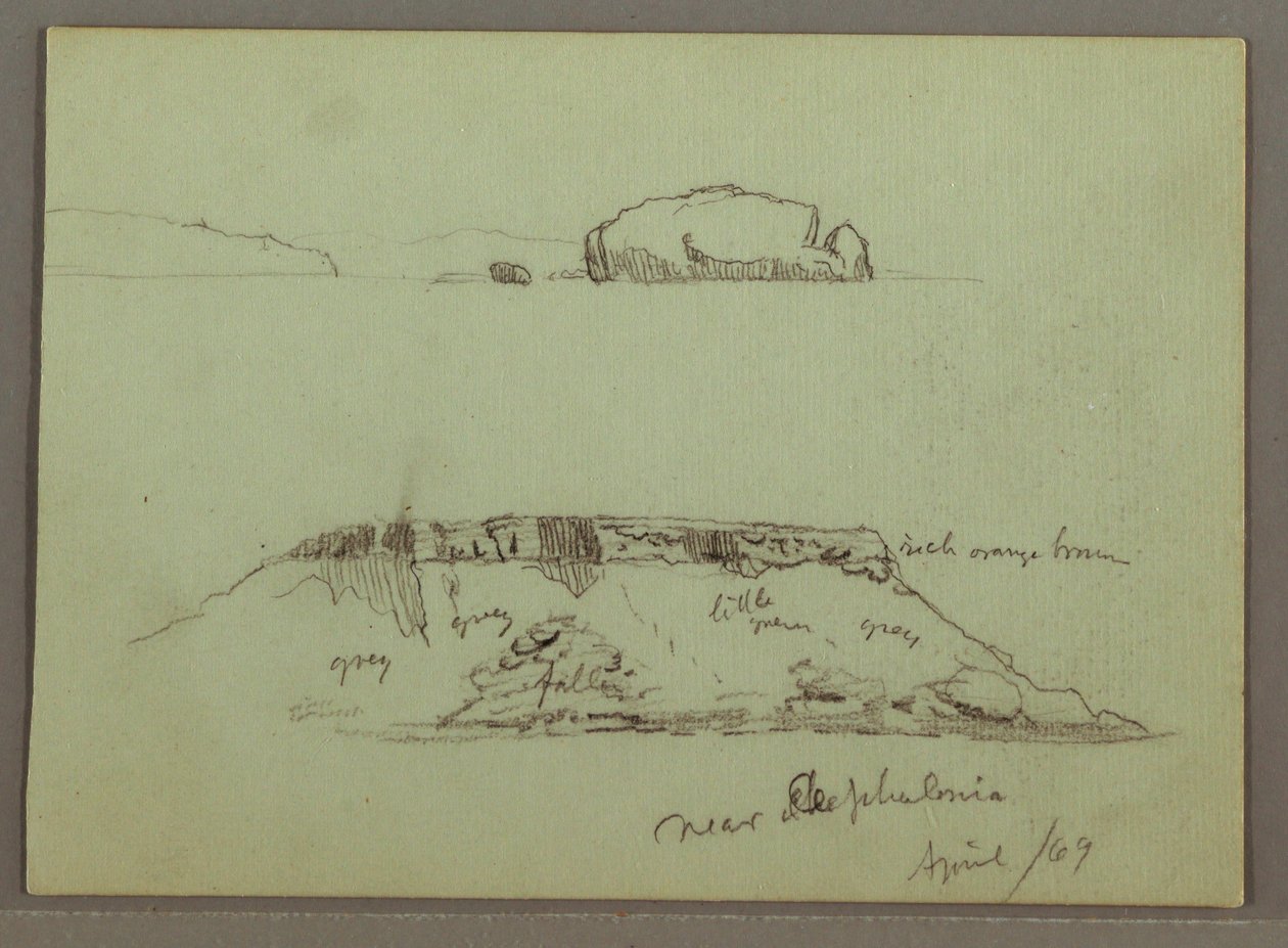 Desenho, Rochas em frente à linha costeira, Falésias rochosas junto à linha costeira, abril de 1869 de Frederic Edwin Church