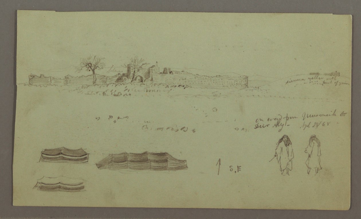 Desenho, Ruínas rodeadas de muros, tendas, dois estudos de figuras, 28 de abril de 1868 de Frederic Edwin Church