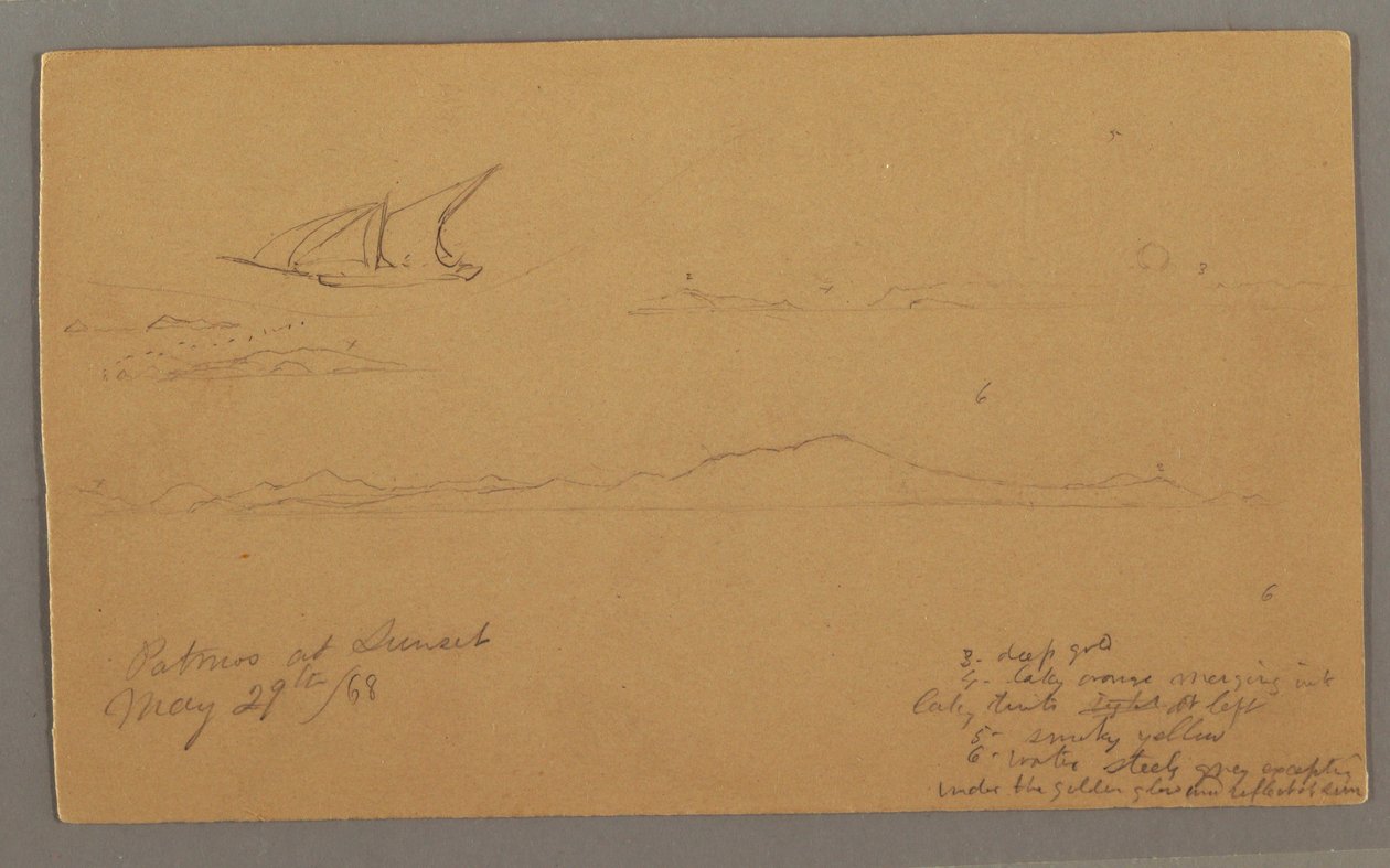 Desenho, Navio à vela, Costa montanhosa, Ilhas, 29 de maio de 1868 de Frederic Edwin Church