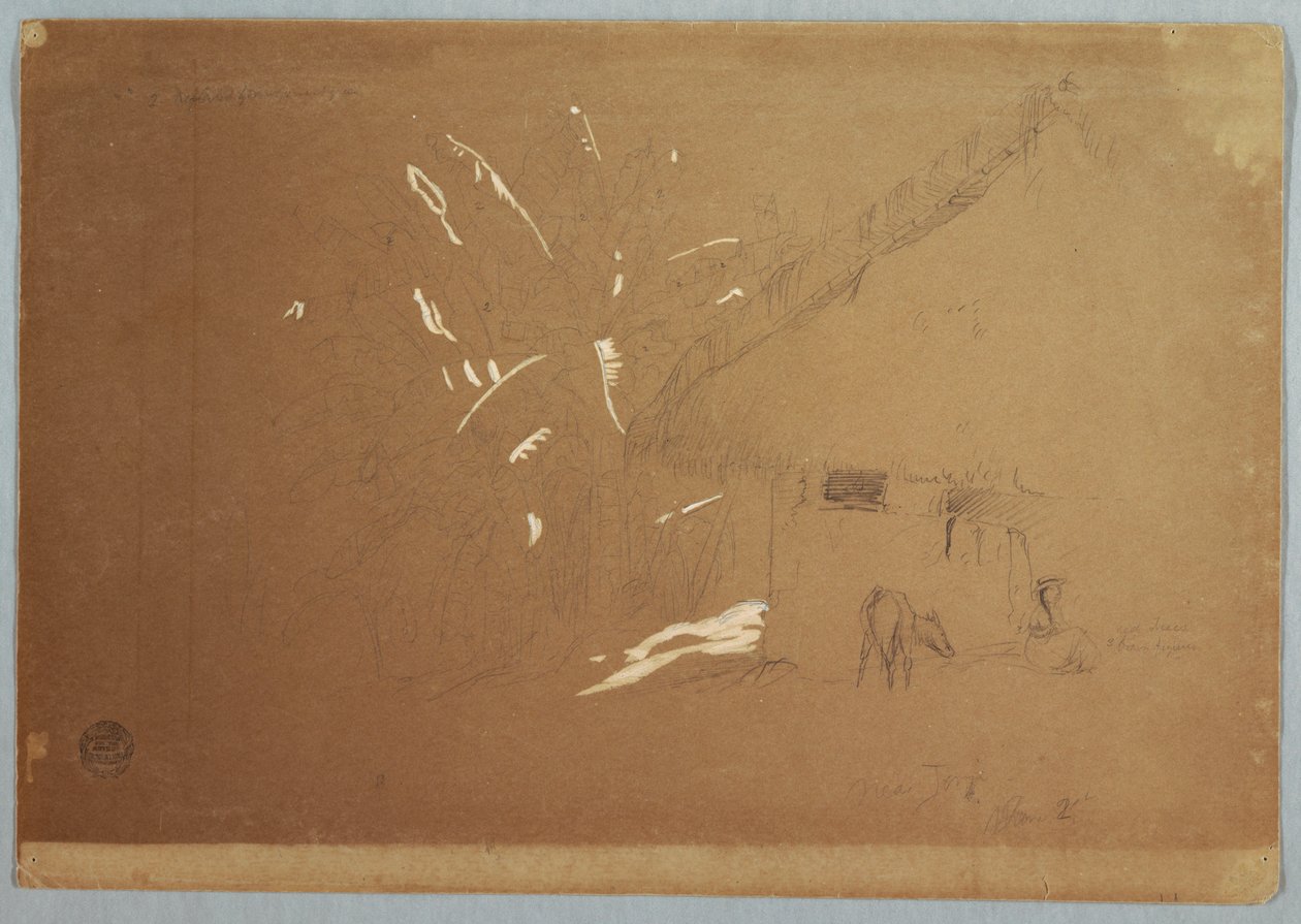 Desenho, Mulher sentada e burro pastando diante de uma casa perto de Jorje, Equador, 23 de junho de 1857 de Frederic Edwin Church