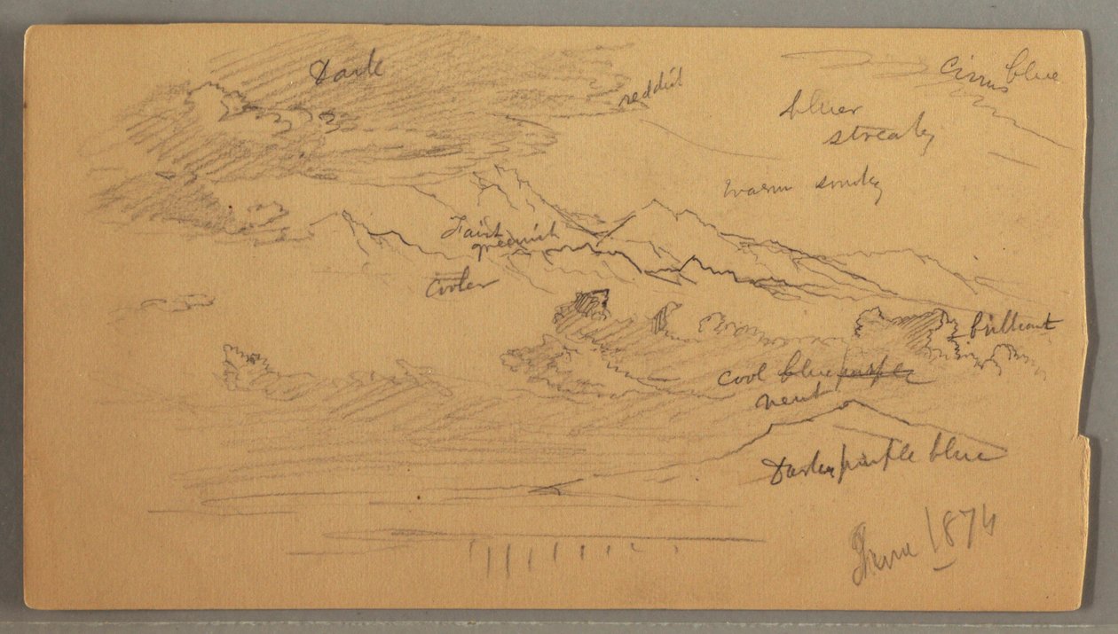 Desenho, Picos de montanha pontiagudos, céu nublado, junho de 1874 de Frederic Edwin Church