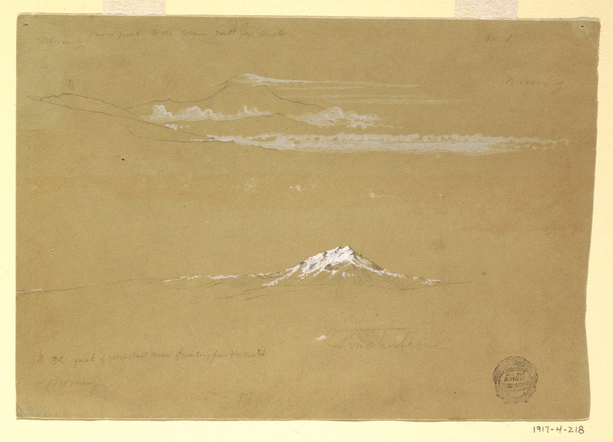 Desenho, Sincholagua, manhã, do Templo do Sol, Quito, 24 de junho de 1857 de Frederic Edwin Church