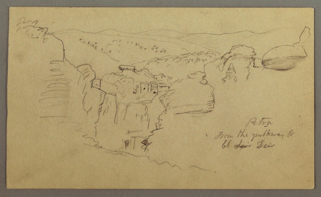 Desenho, esboço. Vista de Khirbet en Wasara "Petra / from the parthway to / El Deir", possivelmente 1868, fevereiro 26 de Frederic Edwin Church