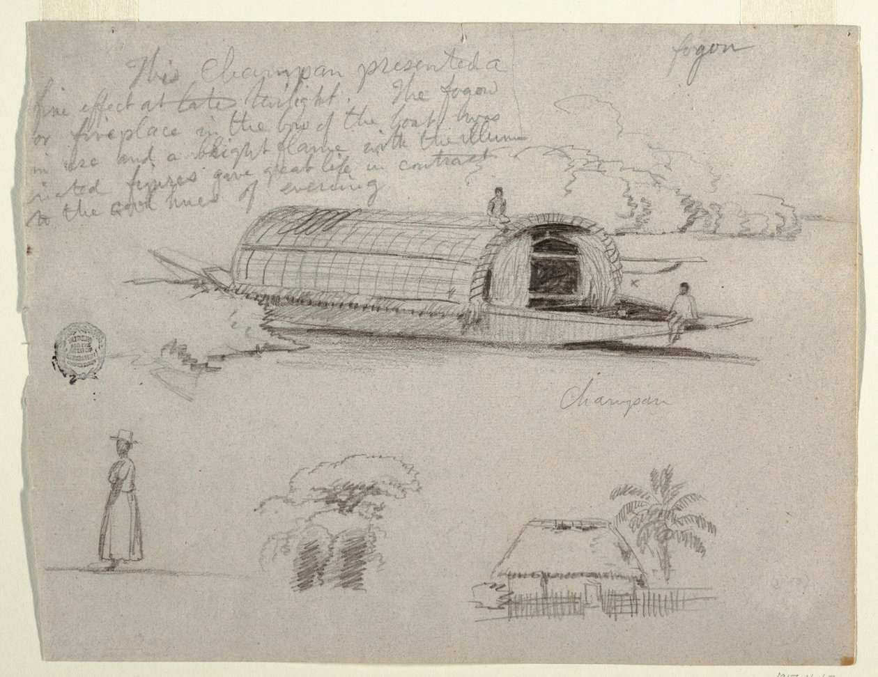 Desenho, Esboços da Colômbia - River Craft (Champan), uma Mulher, Grupo de Árvores, uma Casa de Frederic Edwin Church