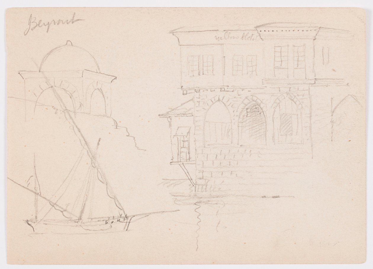 Desenho, Esboços de uma estrutura abobadada, navio e casa senhorial, janeiro de 1868 de Frederic Edwin Church