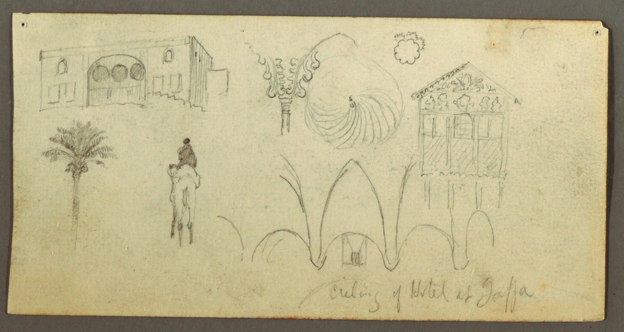 Desenho, Casa senhorial, figura montada num camelo, estudos arquitectónicos, palmeira, possivelmente 1868 de Frederic Edwin Church