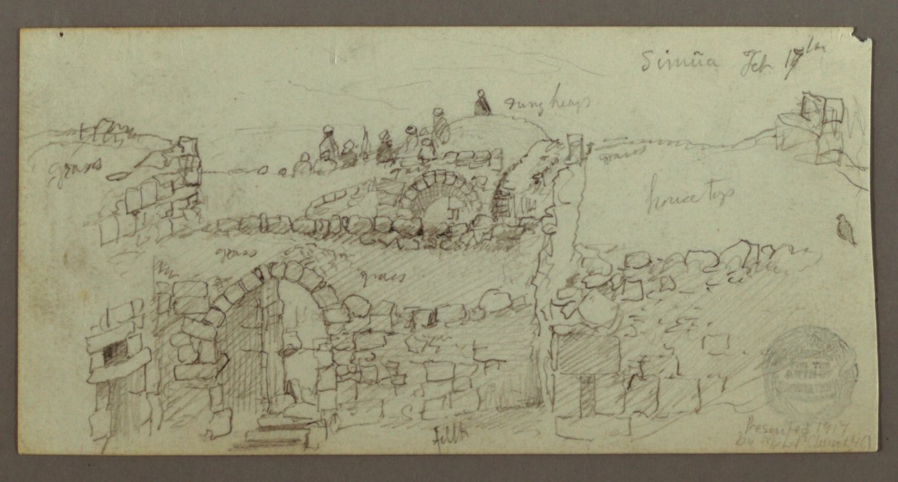 Desenho, edifício de pedra, homens reunidos no telhado, 17 de fevereiro, possivelmente 1868 de Frederic Edwin Church
