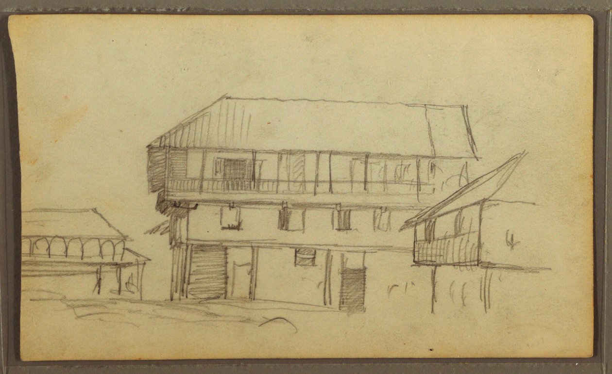 Desenho, esquina de rua em Guaquil, Equador; Verso: Esboços botânicos, casa, Equador ou Colômbia, 1857 de Frederic Edwin Church