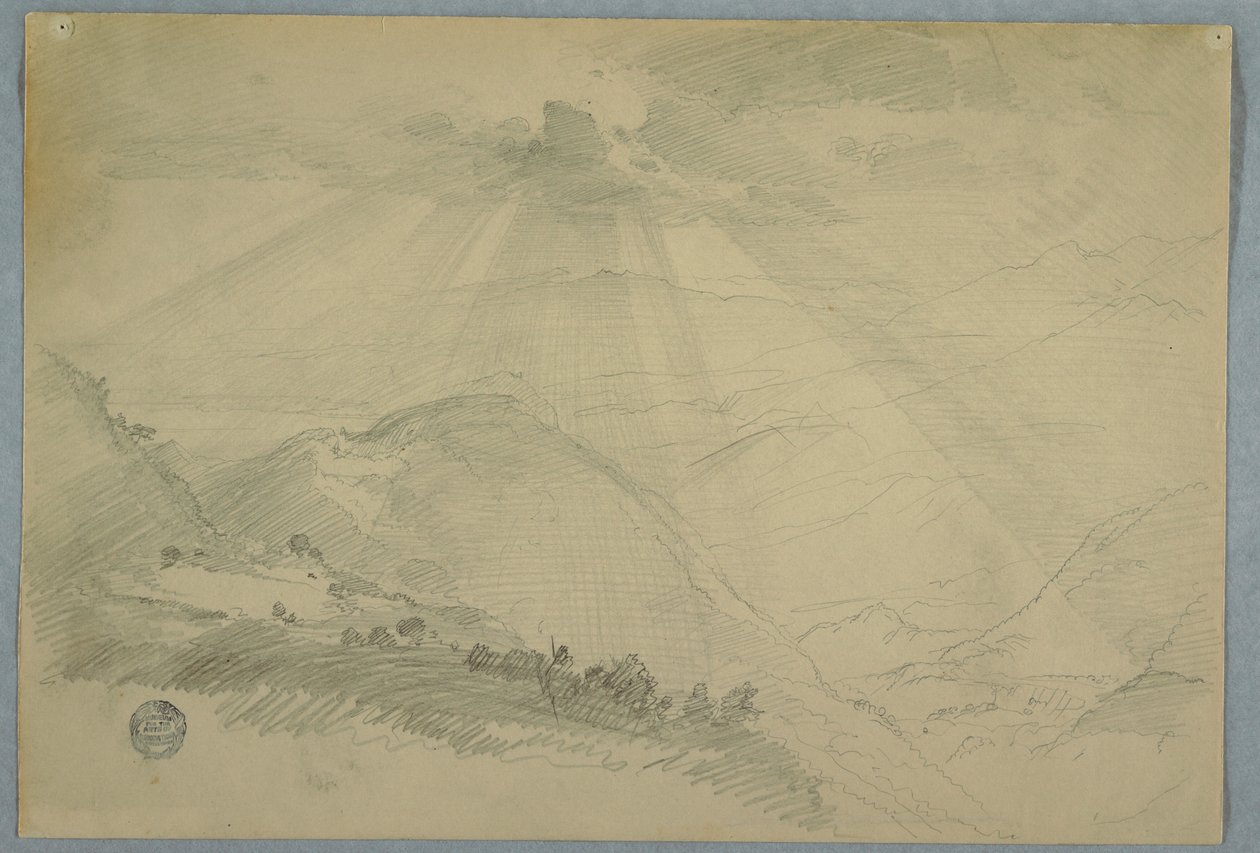 Desenho, Sol a romper as nuvens sobre um vale montanhoso, Jamaica, julho de 1865 de Frederic Edwin Church
