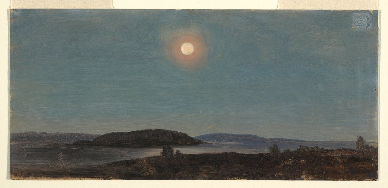 Desenho, Sol ou Lua nascendo sobre as Ilhas Porcupine, Bar Harbor, ca. 1860 de Frederic Edwin Church