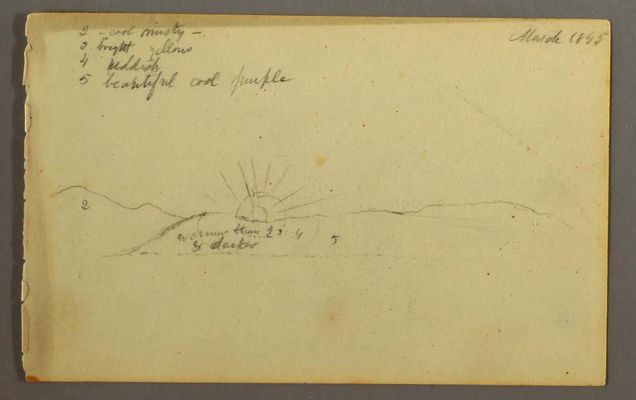 Desenho, Sol a pôr-se atrás de colinas baixas, 1845 de Frederic Edwin Church