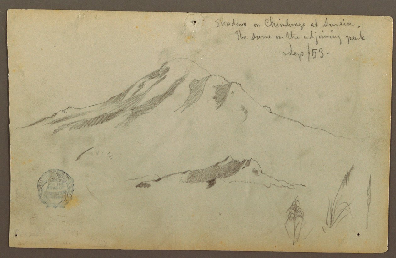 Desenho, Nascer do sol no Monte Chimborazo e três pormenores de relva, setembro de 1853 de Frederic Edwin Church