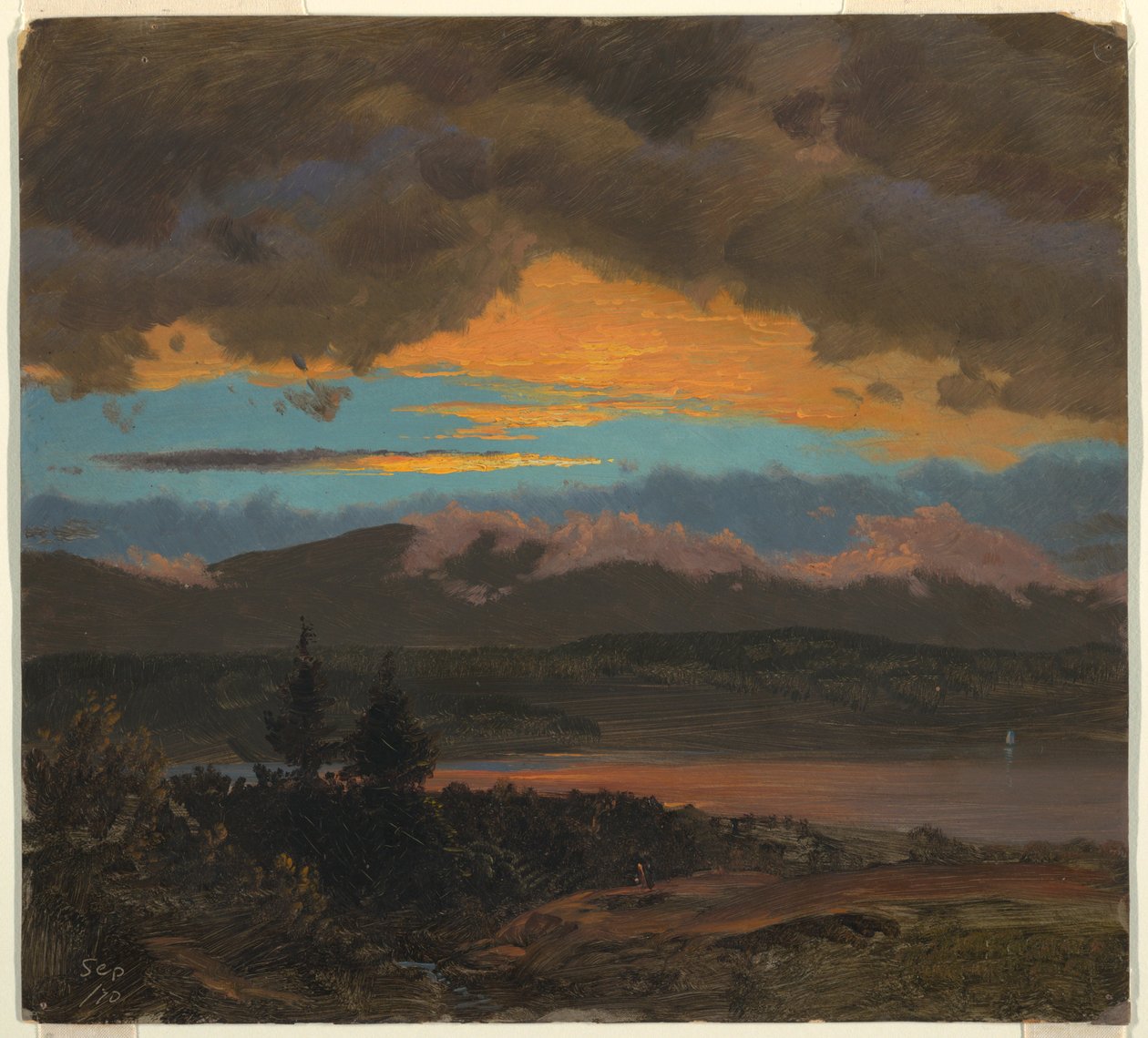 Desenho, Pôr do sol no vale do Hudson, Nova Iorque, setembro de 1870 de Frederic Edwin Church