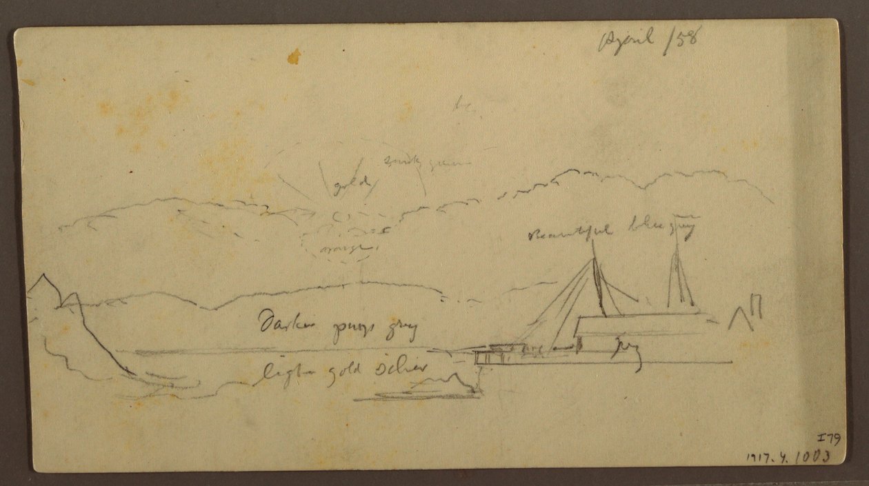 Desenho, Pôr do sol sobre a margem com navio, 1858 de Frederic Edwin Church