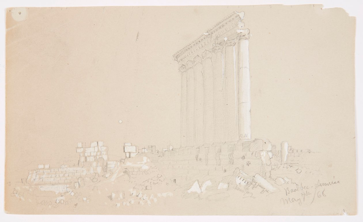 Desenho, Templo de Júpiter ao nascer do sol, Baalbek, 7 de maio de 1868 de Frederic Edwin Church
