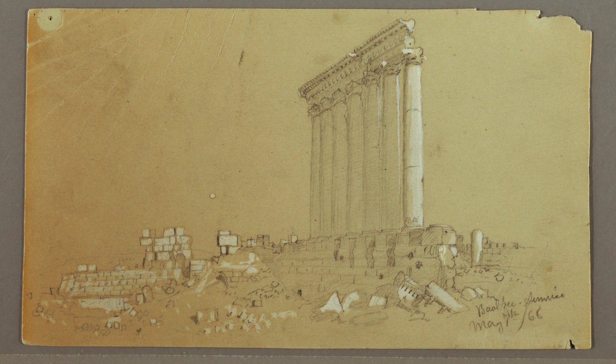 Desenho, Templo de Júpiter ao nascer do sol, Baalbek, 7 de maio de 1868 de Frederic Edwin Church