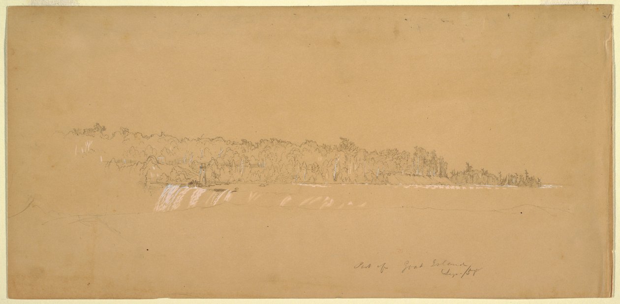 Desenho, Terrapin Rocks amp; a parte oriental da Goat Island a partir do banco canadiano, agosto de 1858 de Frederic Edwin Church