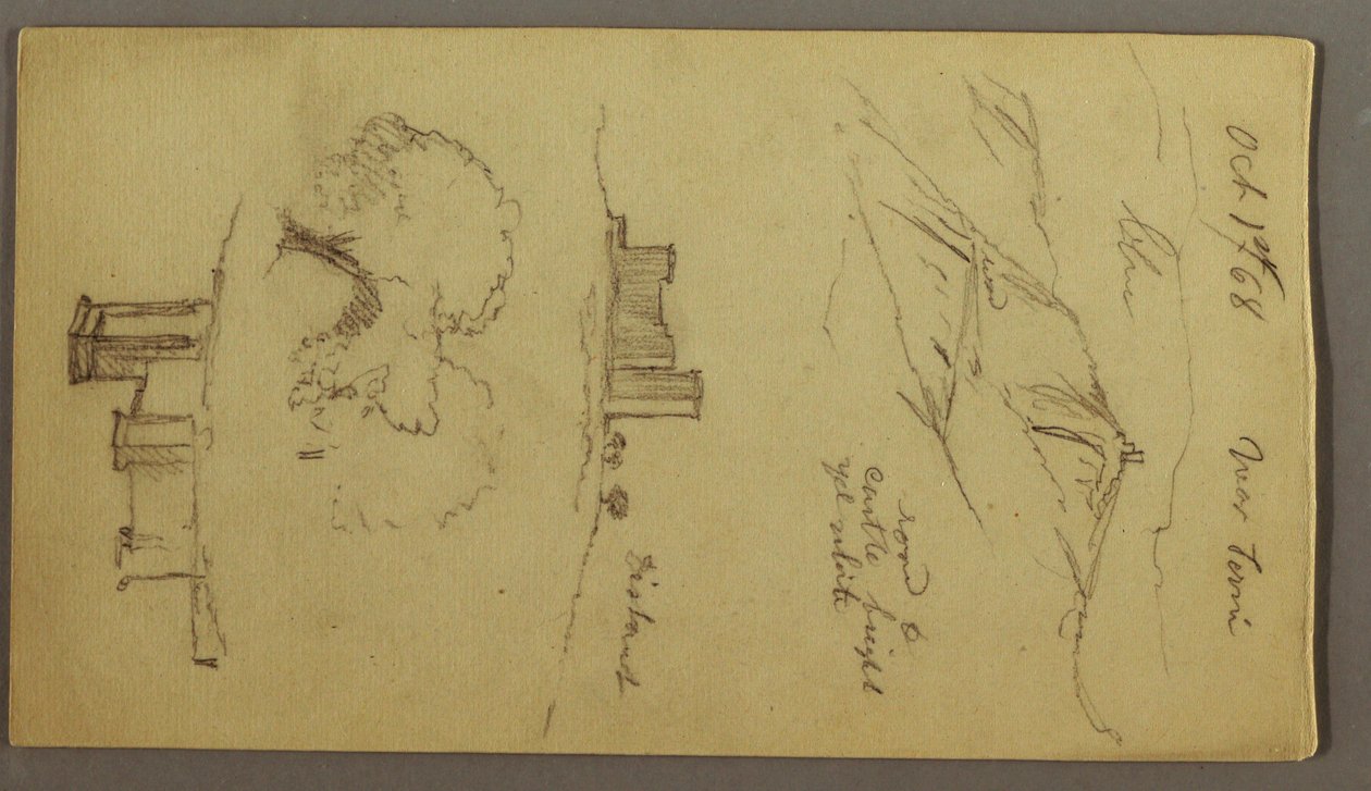 Desenho, Três estudos do castelo no cimo da colina, 1 de outubro de 1868 de Frederic Edwin Church