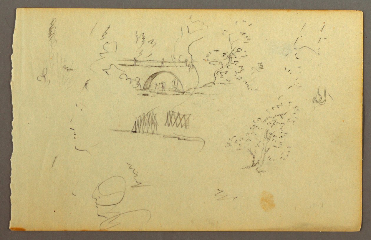 Desenho, Árvores, ponte, faces em perfil, possivelmente 1844 de Frederic Edwin Church