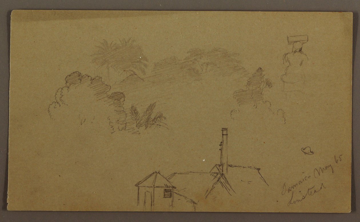 Desenho, Árvores, figura, casa Linstead, maio de 1865 de Frederic Edwin Church