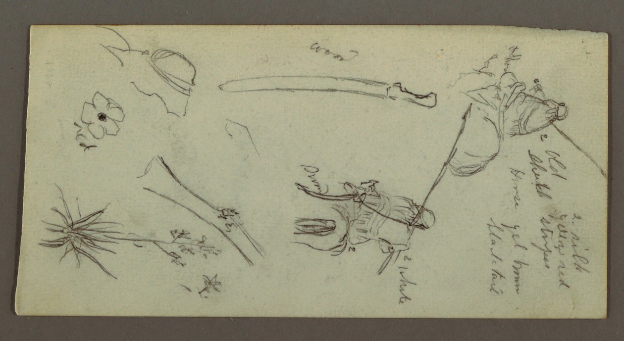 Desenho, Duas figuras montadas a cavalo, com lanças, espada, parte inferior de uma arma, etc., possivelmente 1868 de Frederic Edwin Church