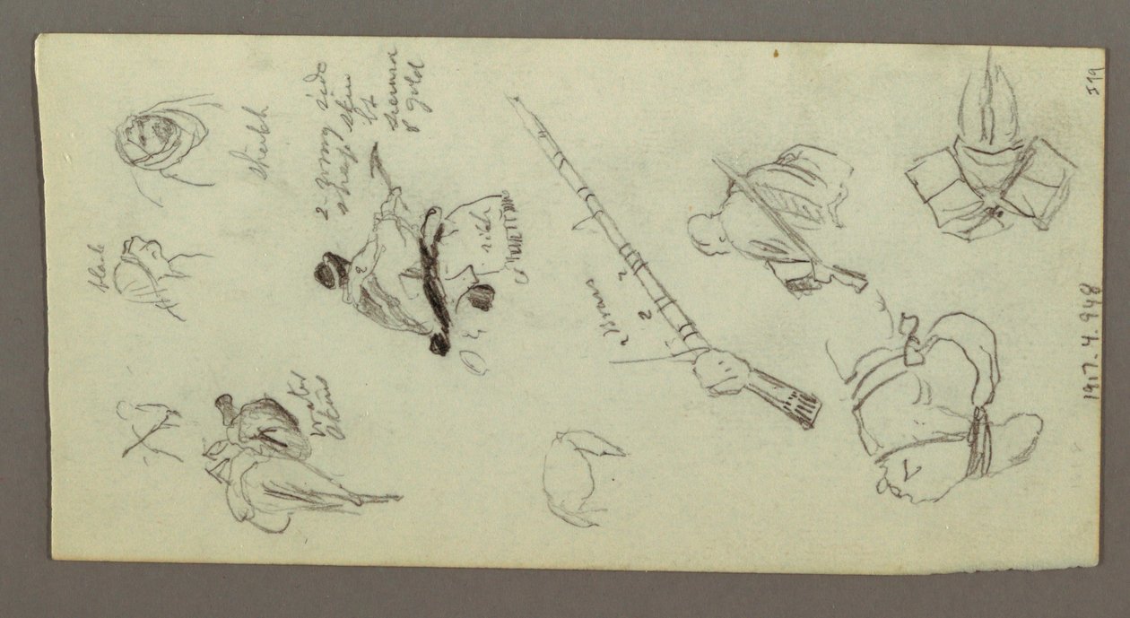 Desenho, Duas figuras montadas a cavalo, com lanças, espada, parte inferior de uma arma, etc., possivelmente 1868 de Frederic Edwin Church