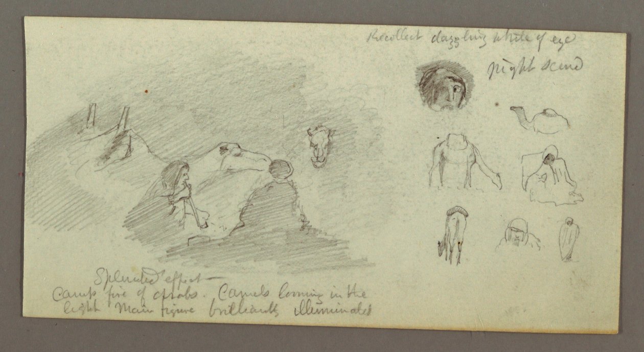 Desenho, Duas figuras e dois camelos junto a uma fogueira, Estudos de figuras e camelos, possivelmente 1868 de Frederic Edwin Church