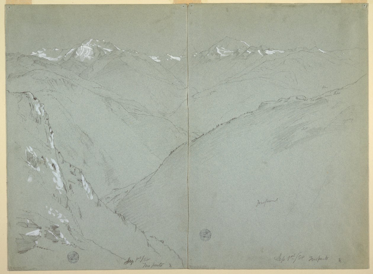 Desenho, Paisagem de vale com picos cobertos de neve, Alpes Berneses, Suíça, Parte 1, 1 de setembro de 1868 de Frederic Edwin Church