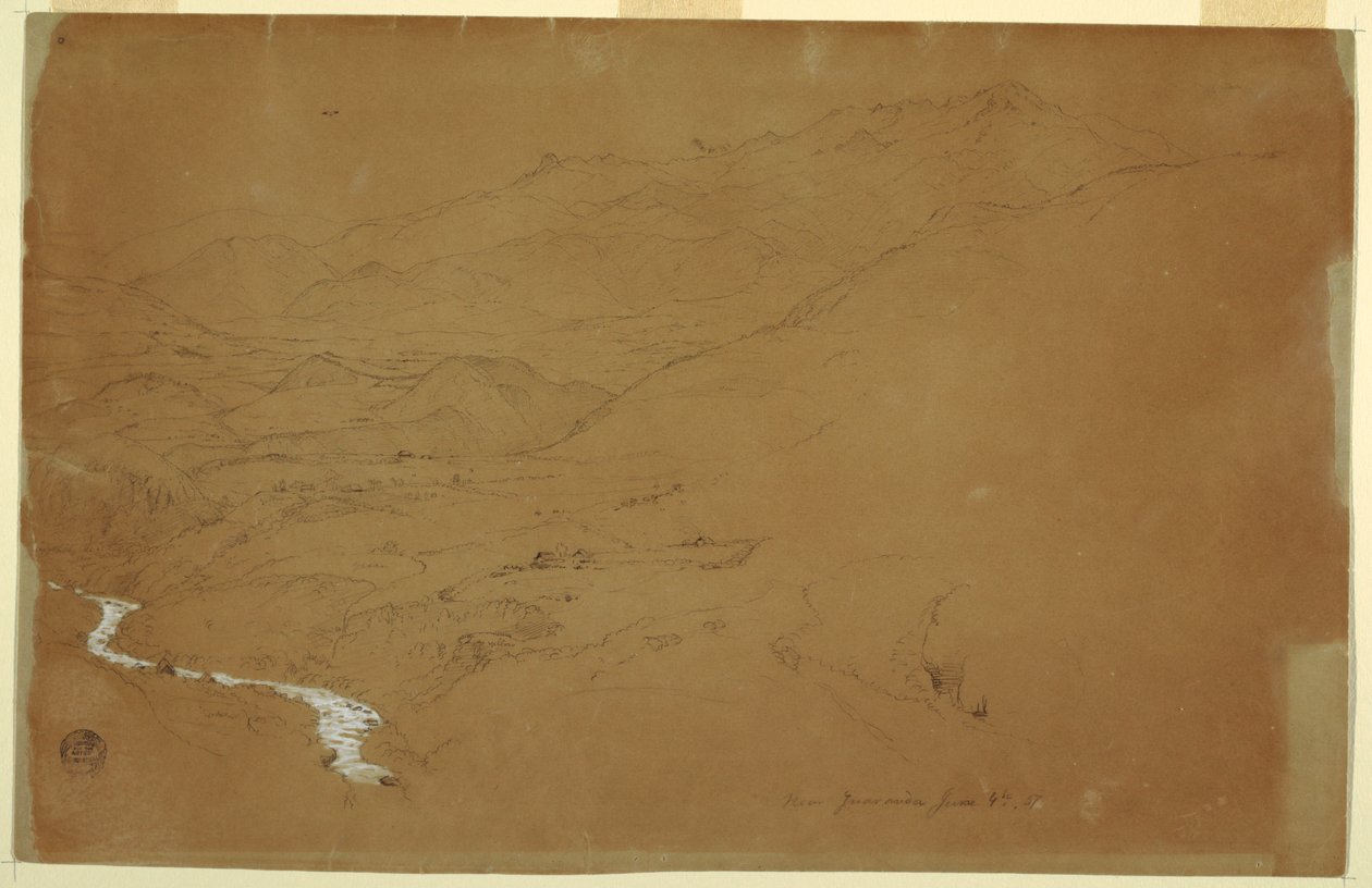 Desenho, Vale com um riacho e casas, perto de Guaranda, Equador, 4 de junho de 1857 de Frederic Edwin Church