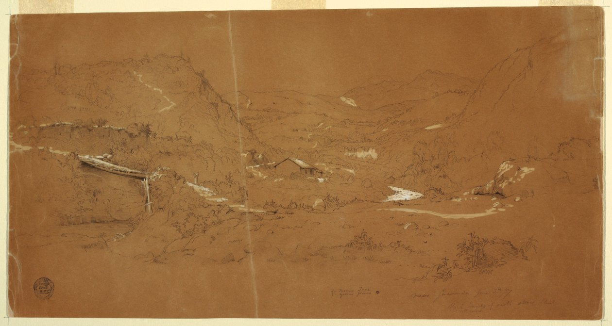 Desenho, Vale com uma ponte e casas, perto de Guaranda, Equador, 5 de junho de 1857 de Frederic Edwin Church