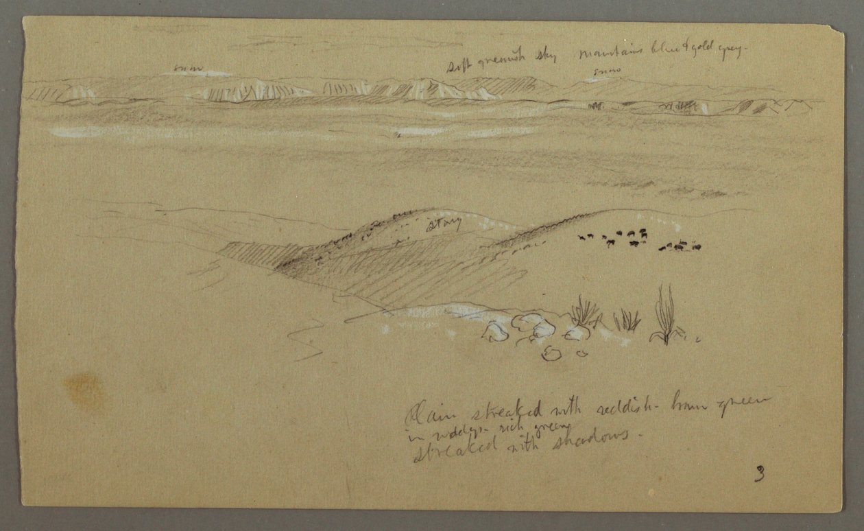 Desenho, Vista sobre as colinas e planície em direção às montanhas, Vale de El Yemen, fevereiro de 1868 de Frederic Edwin Church