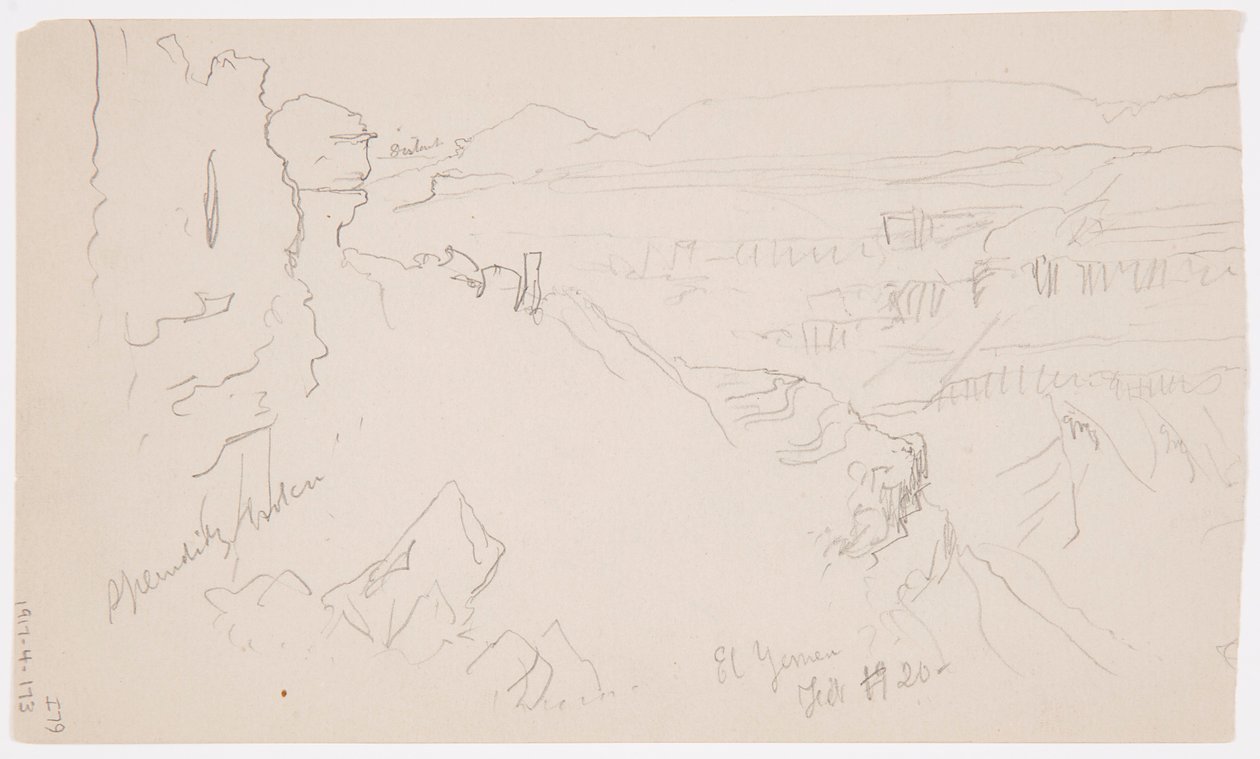 Desenho, Vista sobre as colinas e planície em direção às montanhas, Vale de El Yemen, fevereiro de 1868 de Frederic Edwin Church