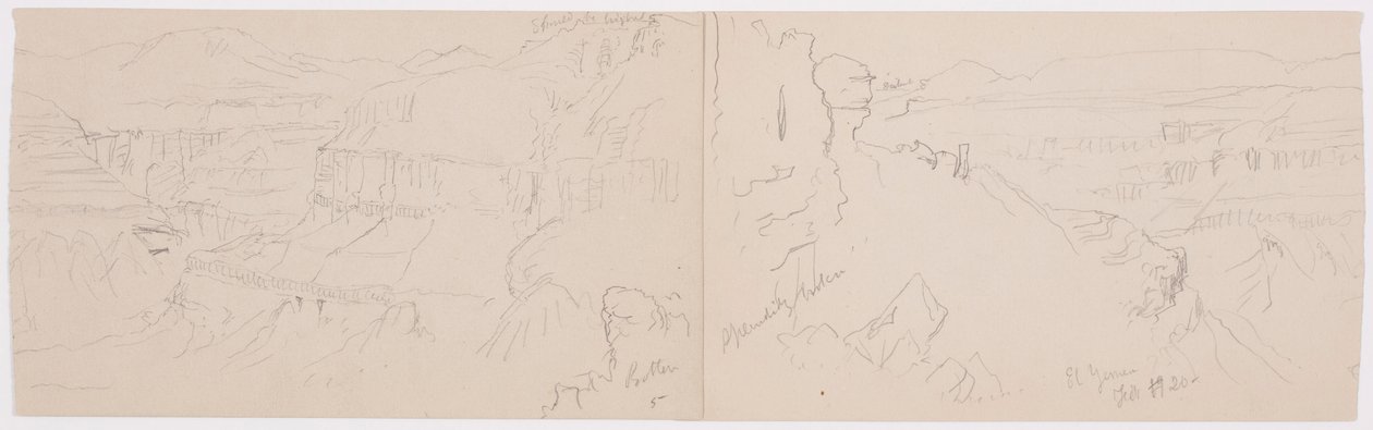 Desenho, Vista sobre as colinas e planície em direção às montanhas, Vale de El Yemen, fevereiro de 1868 de Frederic Edwin Church
