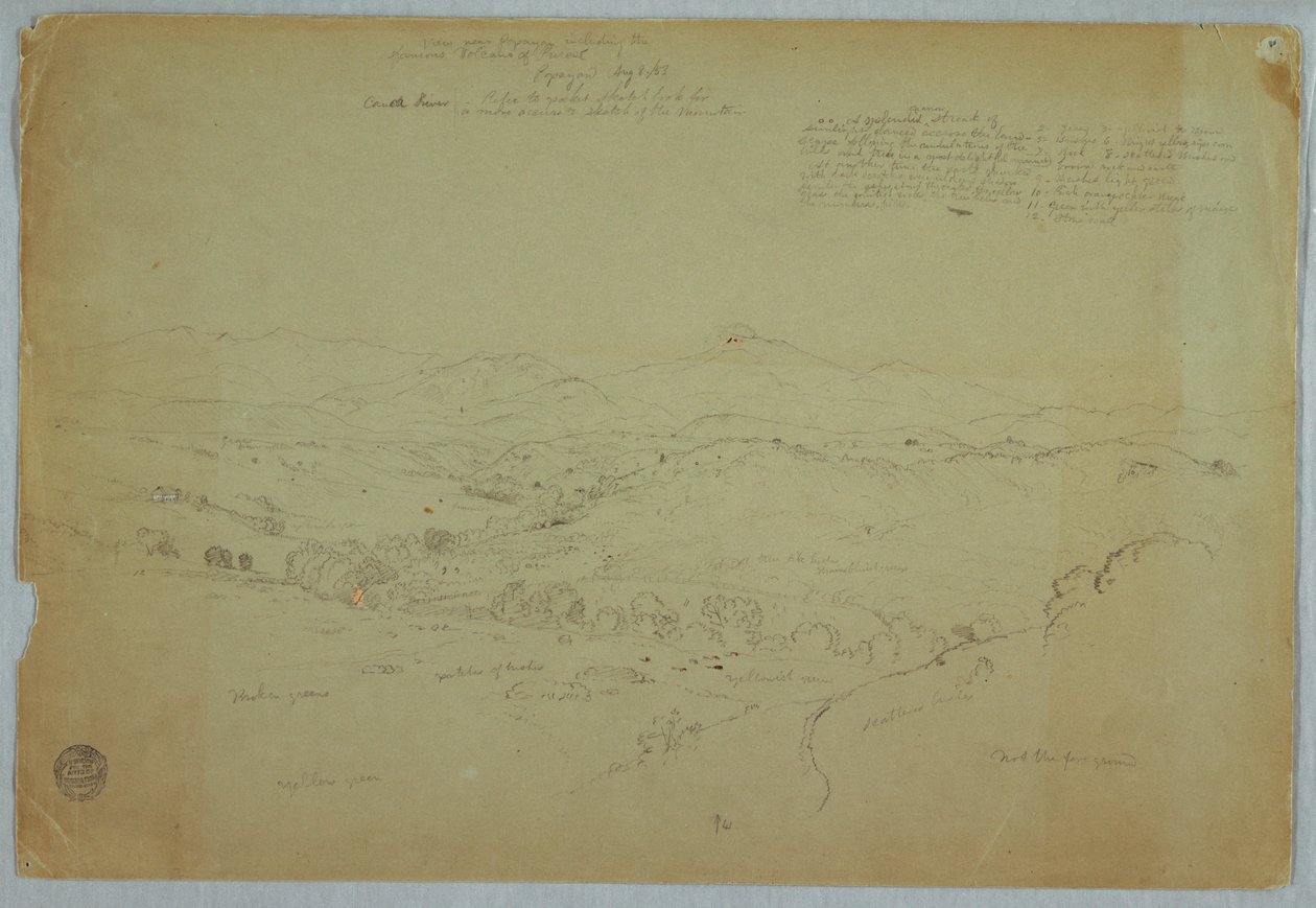 Desenho, Vista perto de Popayan incluindo o vulcão Monte Purese, Rio Cauca, Colômbia, 8 de agosto de 1853 de Frederic Edwin Church
