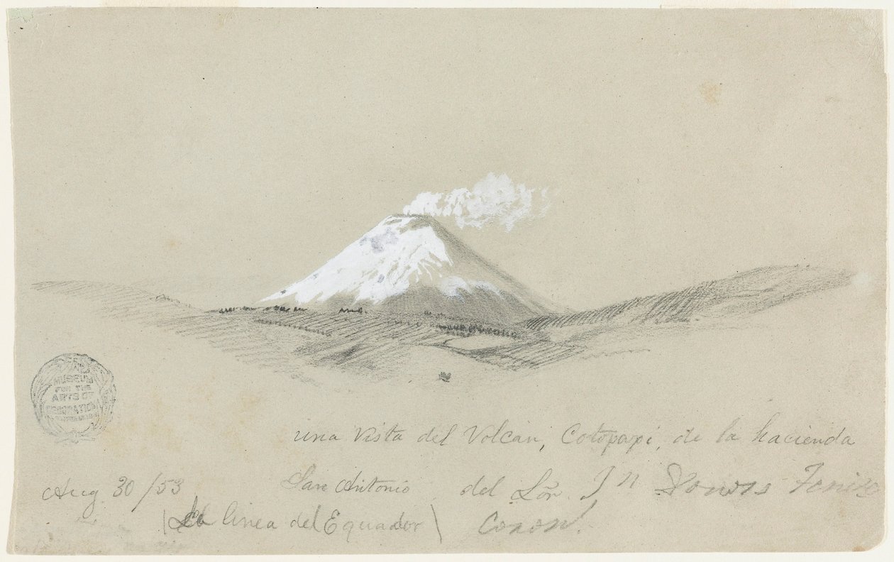 Desenho, Vista de Cotapaxi a partir da Fazenda San Antonio, Equador, 30 de agosto de 1853 de Frederic Edwin Church