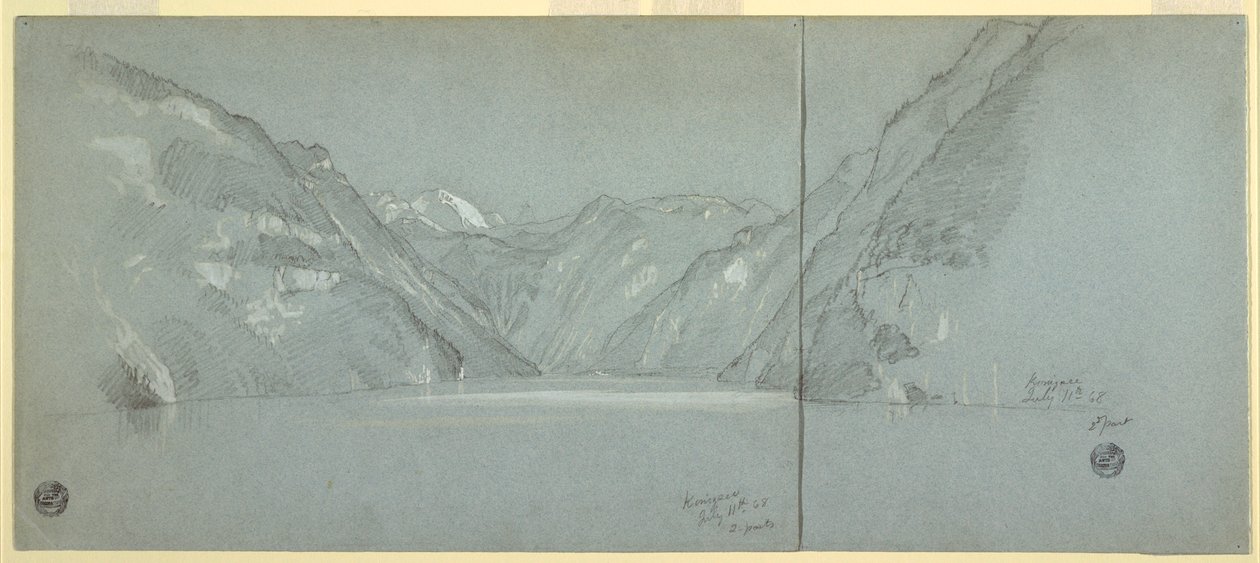 Desenho, Vista do Lago Konigssee com o Falkenstein, perto de Berchtesgaden, Baviera, Alemanha, Parte 2, 11 de julho de 1868 de Frederic Edwin Church