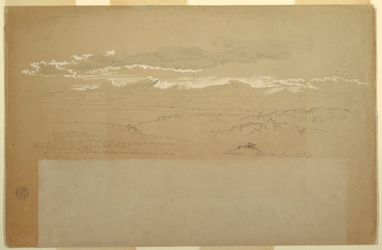 Desenho, Vista de uma cadeia de montanhas, Equador, 27 de junho de 1857 de Frederic Edwin Church