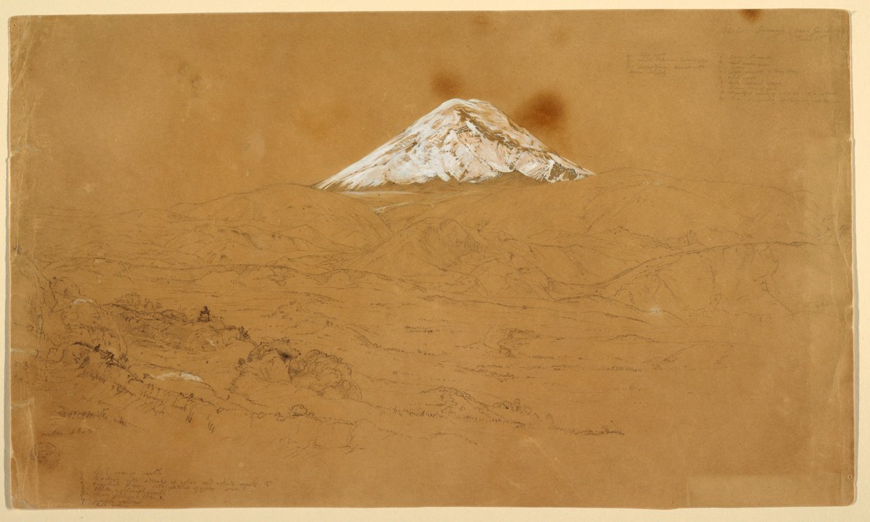 Desenho, Vista do Monte Chimborazo coberto de neve, desenhado perto de Guanojo e Guaranda, Equador, 12 de junho de 1857 de Frederic Edwin Church