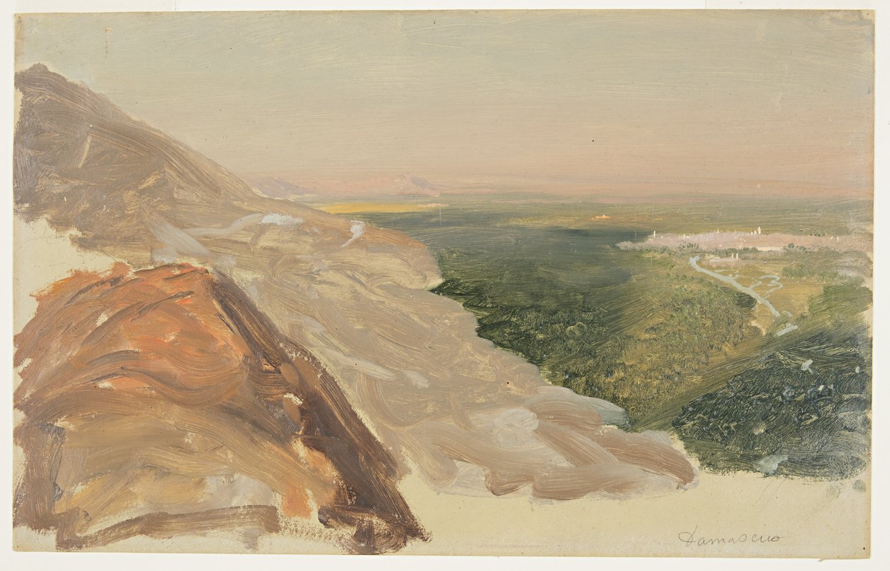 Desenho, Vista de uma planície com Damasco, Síria, a partir das montanhas, maio de 1868 de Frederic Edwin Church