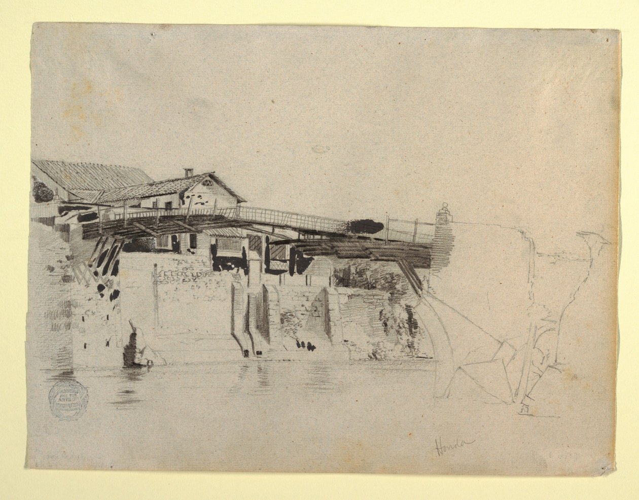 Desenho, Vista da ponte e casas em Honda, Colômbia, 1853 de Frederic Edwin Church