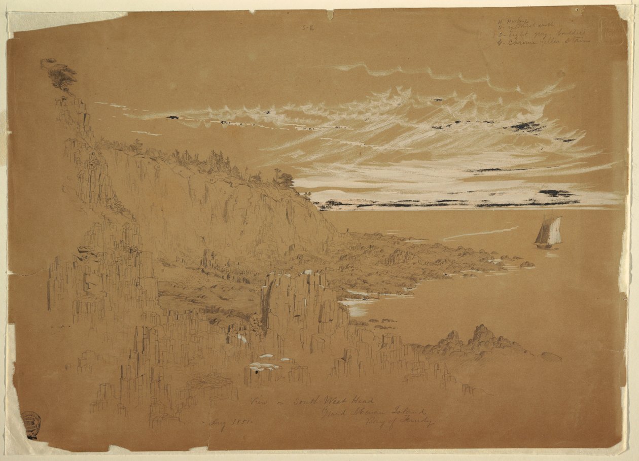 Desenho, "View on South West Head, Grand Manan Island, Bay of Fundy, Canada", agosto de 1851 de Frederic Edwin Church