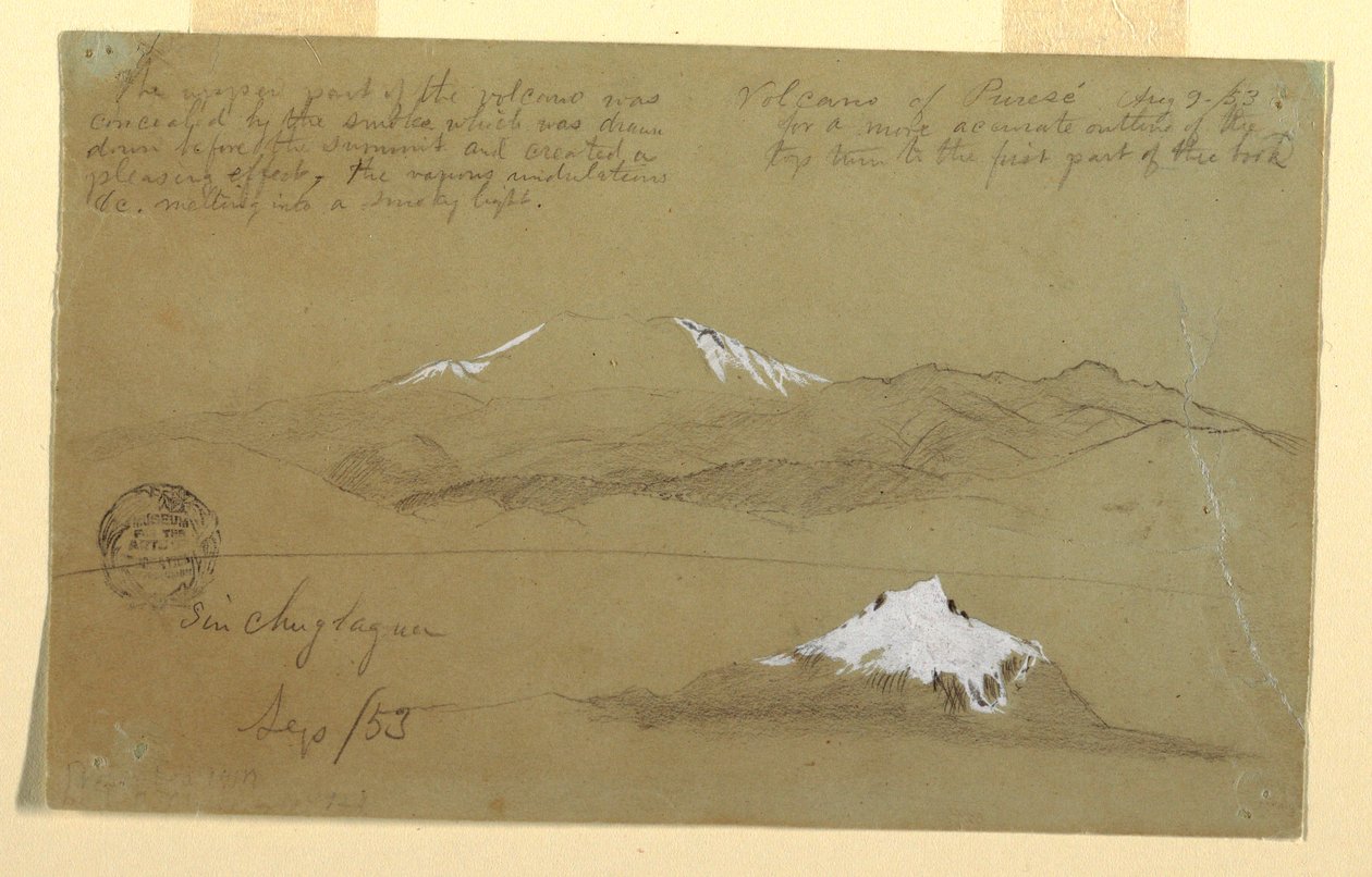 Desenho, Vistas do Vulcão Puresé, Colômbia e do Monte Sincholagua, Equador, 9 de agosto e setembro de 1853 de Frederic Edwin Church