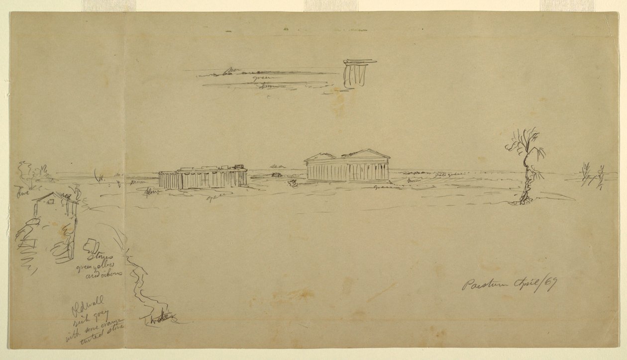 Desenho, Vistas da Basílica e do Templo de Neptuno, Paestum, Itália ...